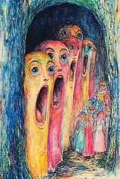 Midjourney generated image using SREF code Psycho-Dreamland: A drawing of a group of people with their mouths open.