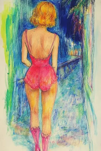 Midjourney generated image using SREF code Psycho-Dreamland: A drawing of a woman in a pink bathing suit.