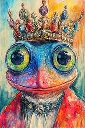 Midjourney generated image using SREF code Psycho-Dreamland: A painting of a frog wearing a crown.