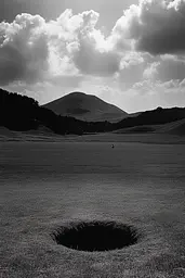 Midjourney generated image using SREF code Shadowed Whim: A black and white photo of a hole in the middle of a field.