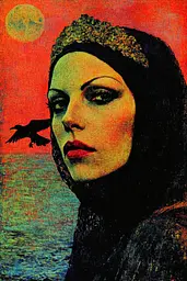 Midjourney generated image using SREF code Aetheral Reckoning: A painting of a woman with a bird on her shoulder.