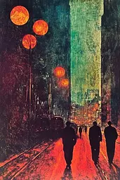 Midjourney generated image using SREF code Aetheral Reckoning: A painting of people walking down a city street at night.