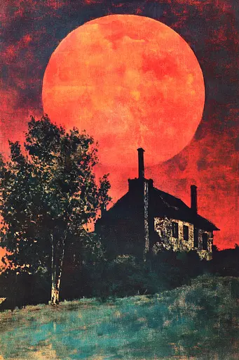 Midjourney generated image using SREF code Aetheral Reckoning: A painting of a house with a full moon in the background.