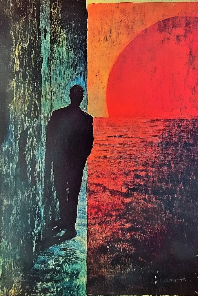 Midjourney generated image using SREF code Aetheral Reckoning: A painting of a man standing in front of a sunset.