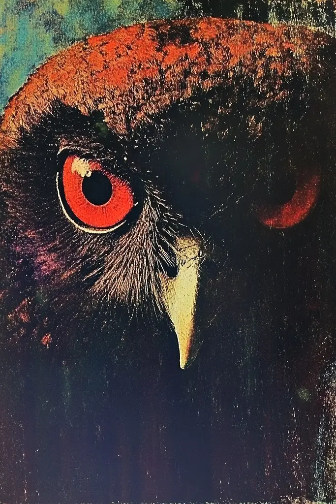 Midjourney generated image using SREF code Aetheral Reckoning: A close up of an owl's face with red eyes.