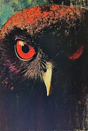 Midjourney generated image using SREF code Aetheral Reckoning: A close up of an owl's face with red eyes.