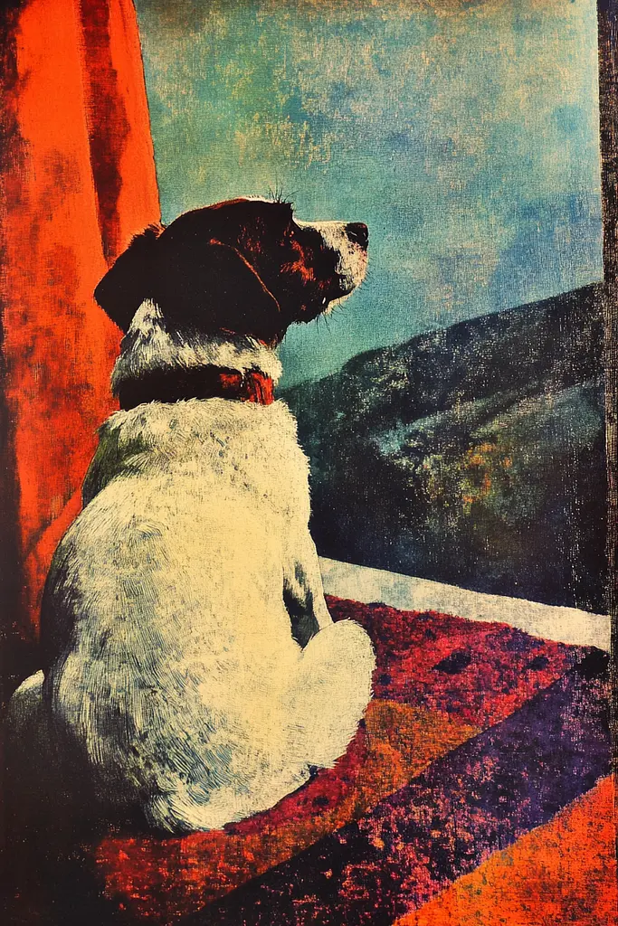 Midjourney generated image using SREF code Aetheral Reckoning: A dog sitting on a rug looking out a window.