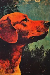 Midjourney generated image using SREF code Aetheral Reckoning: A painting of a red dog with green eyes.