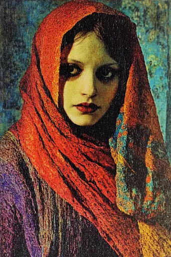 Midjourney generated image using SREF code Aetheral Reckoning: A painting of a woman wearing a red headscarf.