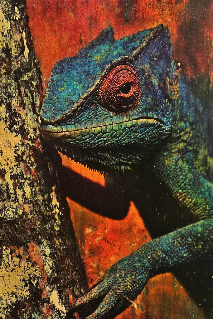 Midjourney generated image using SREF code Aetheral Reckoning: A close up of a chameleon on a tree branch.