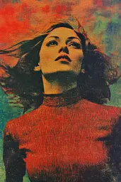 Midjourney generated image using SREF code Aetheral Reckoning: A woman in a red sweater with her hair blowing in the wind.