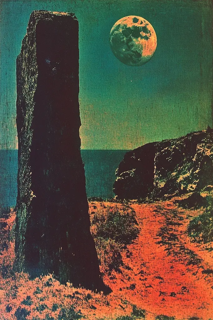 Midjourney generated image using SREF code Aetheral Reckoning: A painting of a standing stone with a full moon in the background.