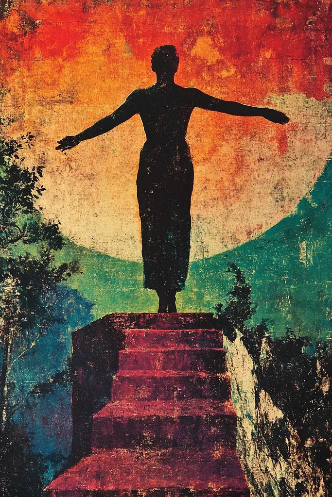 Midjourney generated image using SREF code Aetheral Reckoning: A painting of a person standing on a stairway with their arms outstretched.