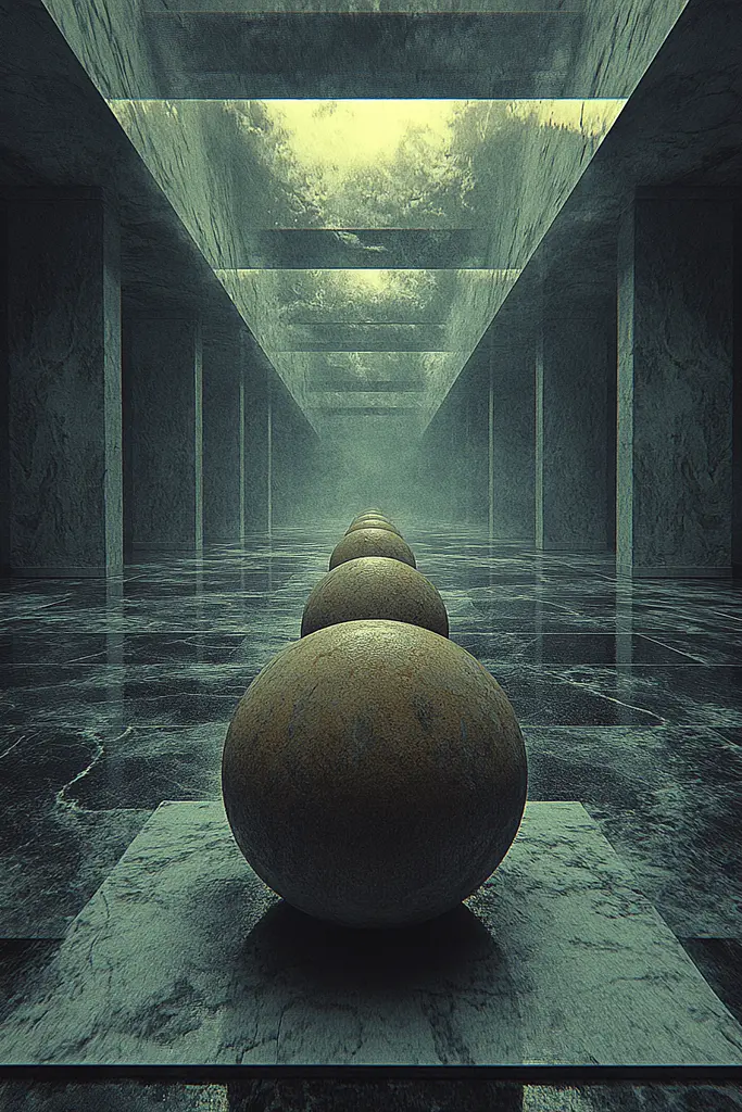 Midjourney generated image using SREF code Quantum Ruins: A long hallway with three large spheres in it.