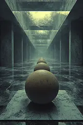 Midjourney generated image using SREF code Quantum Ruins: A long hallway with three large spheres in it.