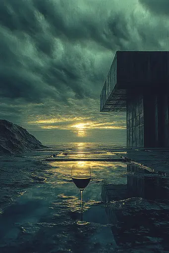 Midjourney generated image using SREF code Quantum Ruins: A glass of wine sitting on top of a beach next to the ocean.