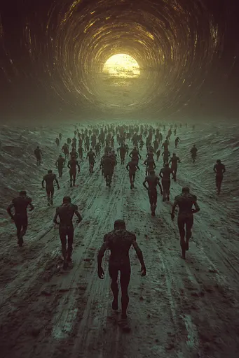 Midjourney generated image using SREF code Quantum Ruins: A group of people running through a tunnel.