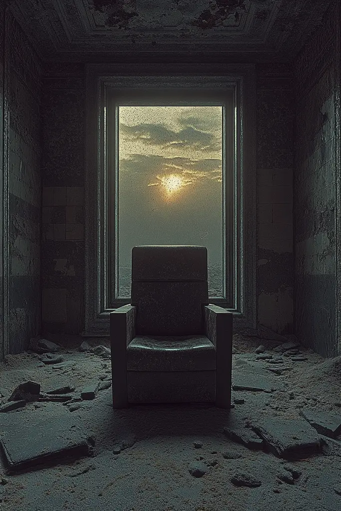 Midjourney generated image using SREF code Quantum Ruins: A chair sitting in an abandoned room with a window.