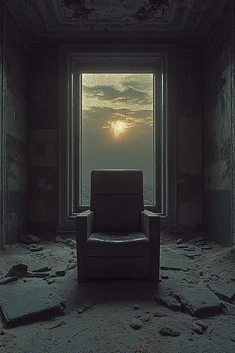 Midjourney generated image using SREF code Quantum Ruins: A chair sitting in an abandoned room with a window.