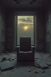 Midjourney generated image using SREF code Quantum Ruins: A chair sitting in an abandoned room with a window.