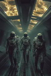 Midjourney generated image using SREF code Quantum Ruins: A group of astronauts walking down a hallway in a space station.