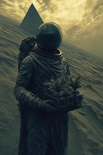 Midjourney generated image using SREF code Quantum Ruins: A man in an astronaut suit holding a box of plants.