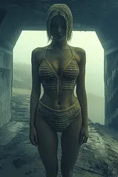 Midjourney generated image using SREF code Quantum Ruins: A woman in a bikini standing in a tunnel.