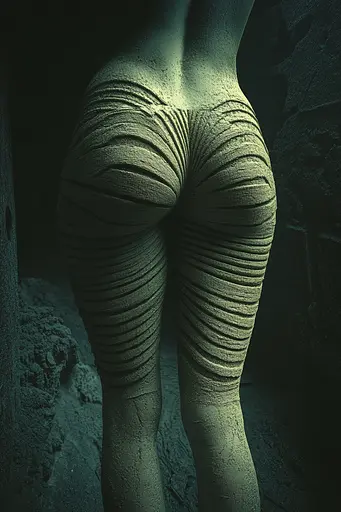 Midjourney generated image using SREF code Quantum Ruins: A close up of a woman's butt in a dark room.