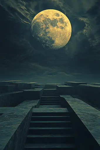 Midjourney generated image using SREF code Quantum Ruins: A set of stairs leading up to a full moon in the sky.