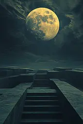 Midjourney generated image using SREF code Quantum Ruins: A set of stairs leading up to a full moon in the sky.