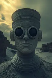 Midjourney generated image using SREF code Quantum Ruins: A sculpture of a man with goggles on his head.