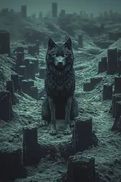 Midjourney generated image using SREF code Quantum Ruins: A black wolf sitting on top of a pile of logs.