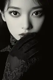 Midjourney generated image using SREF code Shadowed Whim: A black and white photo of a woman wearing gloves.