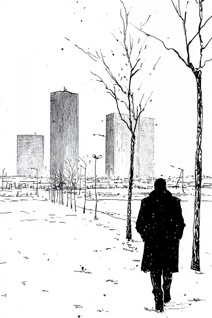 Midjourney generated image using SREF code Blue Reverberations: A man walking in the snow with a city in the background.