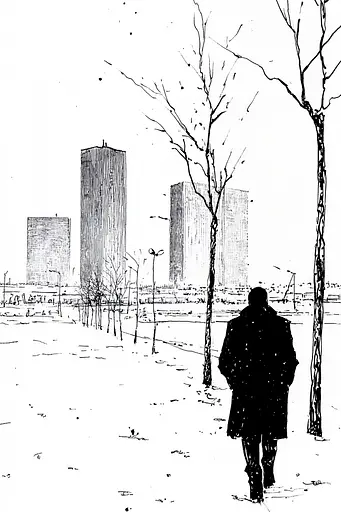 Midjourney generated image using SREF code Blue Reverberations: A man walking in the snow with a city in the background.