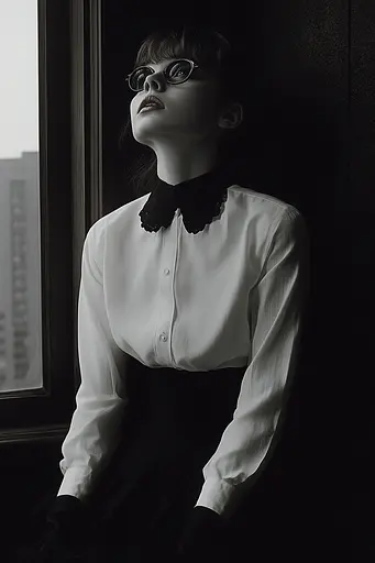 Midjourney generated image using SREF code Shadowed Whim: A woman in a white shirt and black skirt looking out a window.