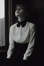 Midjourney generated image using SREF code Shadowed Whim: A woman in a white shirt and black skirt looking out a window.