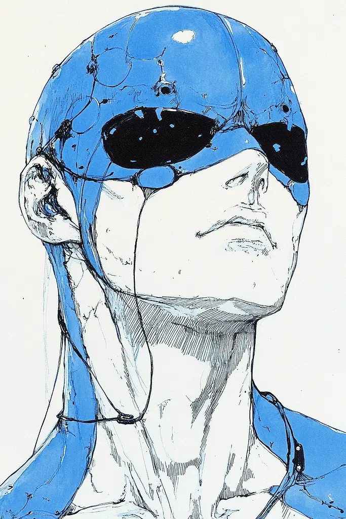 Midjourney generated image using SREF code Blue Reverberations: A drawing of a man wearing a blue helmet and sunglasses.