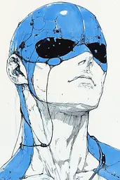 Midjourney generated image using SREF code Blue Reverberations: A drawing of a man wearing a blue helmet and sunglasses.