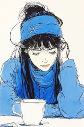 Midjourney generated image using SREF code Blue Reverberations: A drawing of a woman sitting at a table with a cup of coffee.