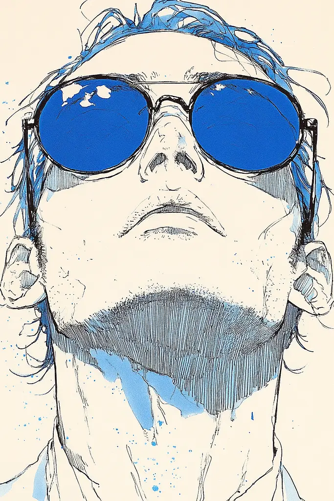 Midjourney generated image using SREF code Blue Reverberations: A drawing of a man wearing blue sunglasses.