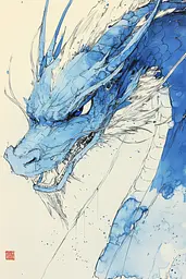 Midjourney generated image using SREF code Blue Reverberations: A drawing of a blue dragon on a white background.