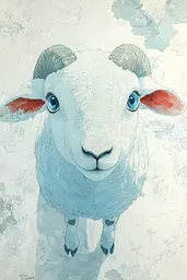 Midjourney generated image using SREF code Celestial Whimsy: A painting of a white sheep with blue eyes.