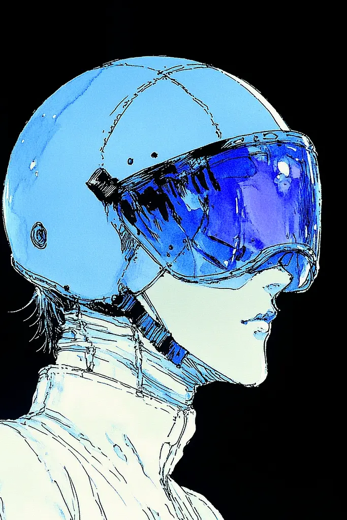 Midjourney generated image using SREF code Blue Reverberations: A drawing of a person wearing a helmet and goggles.