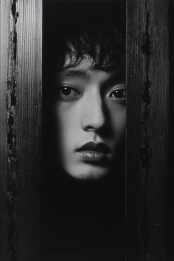 Midjourney generated image using SREF code Shadowed Whim: A black and white photo of a young man peeking out from behind a wooden door.