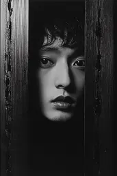 Midjourney generated image using SREF code Shadowed Whim: A black and white photo of a young man peeking out from behind a wooden door.