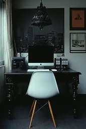 Midjourney generated image using SREF code Shadowed Whim: A desk with a computer and a chair in a room.