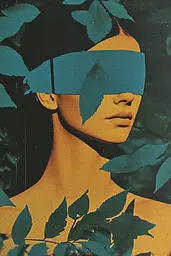 Midjourney generated image using SREF code Psychedelic Quiver: A woman with a blue blindfold on her face surrounded by leaves.