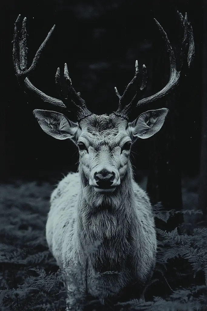 Midjourney generated image using SREF code Shadowed Whim: A black and white photo of a deer with antlers.