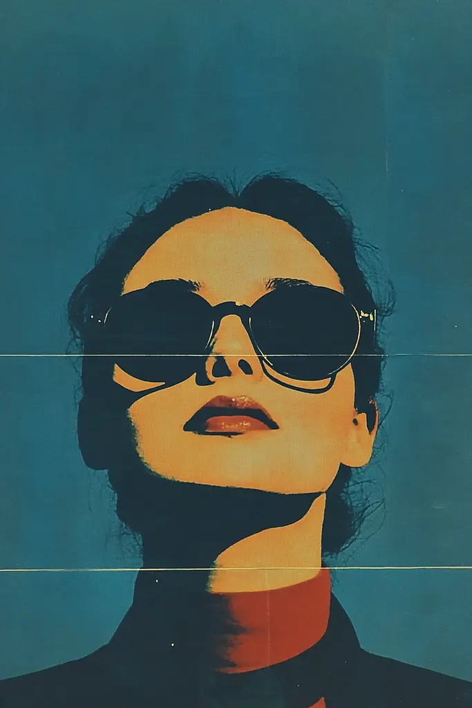 Midjourney generated image using SREF code Psychedelic Quiver: A woman wearing sunglasses with a blue background.